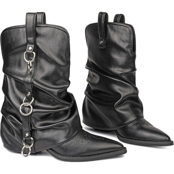 Women Retro Black Rubber Chunky Heels Mid Calf Western Boots Vintage Retro - Picture 6 of 8